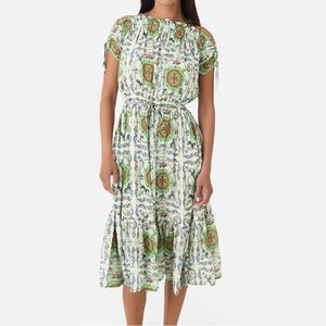 Tory Burch Carousel Midi Dress Silk Animal Blue Green Carnival Cold Shoulder 6